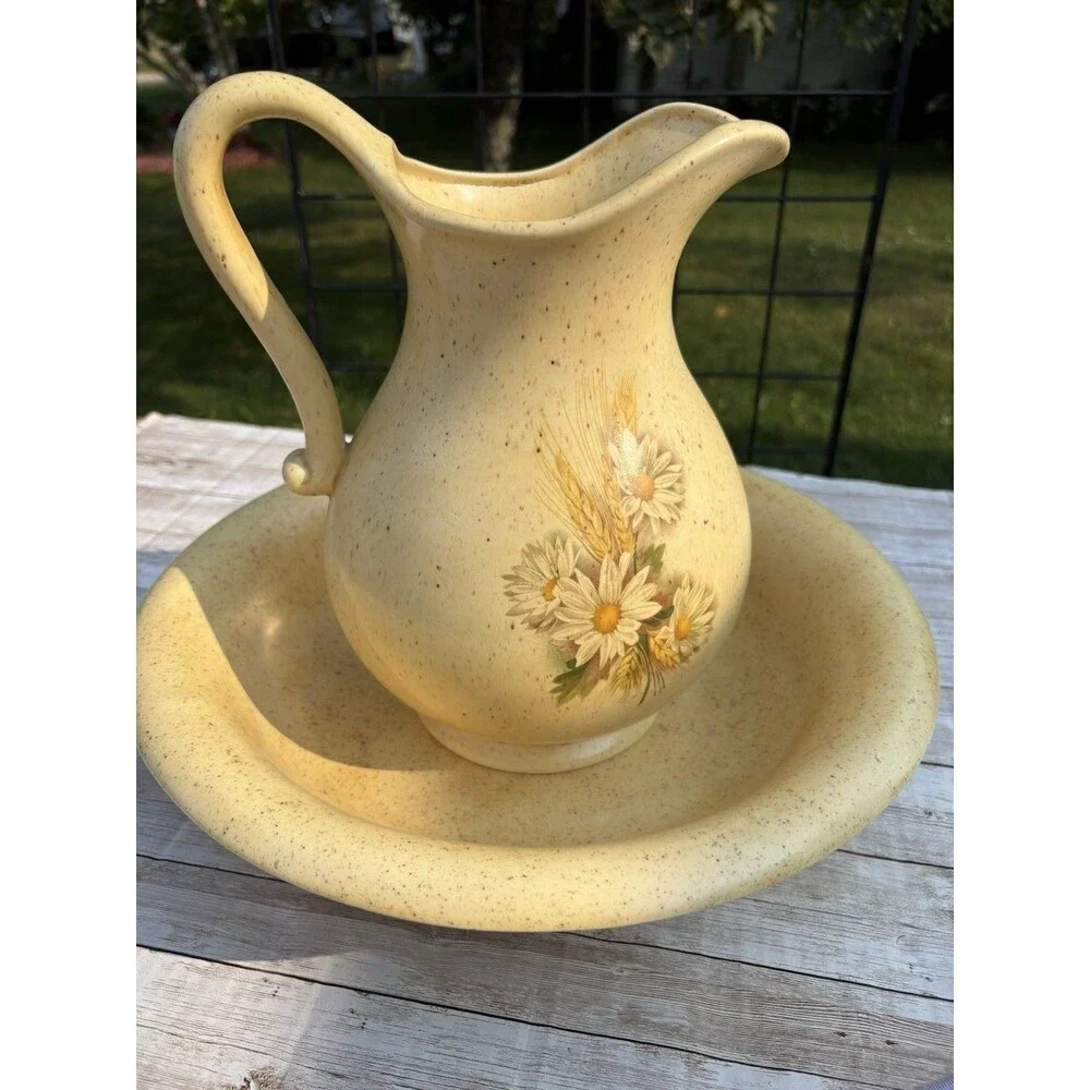 Purbeck Pottery Speckled Pitcher & Wash Basin Set, Daisy Wheat